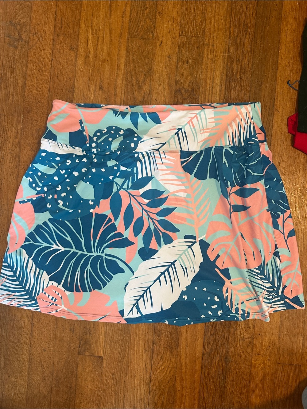 Tropical Leaf Swim Coverup Skort in Coral & Teal